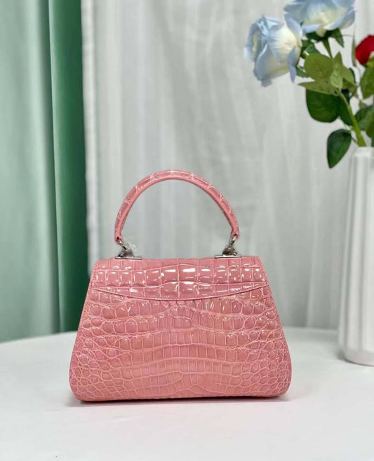 Women Shiny Crocodile Leather Cross Body Top Handle Bag