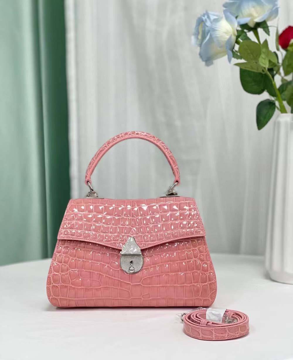 Women Shiny Crocodile Leather Cross Body Top Handle Bag