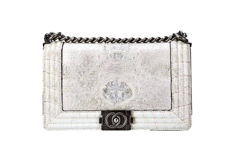 Womens Crocodile Leather Shoulder Flap Chain Bag