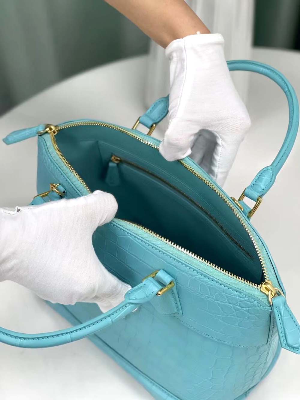 Womens Crocodile Leather Top Handle Satchel Bag Sky Blue