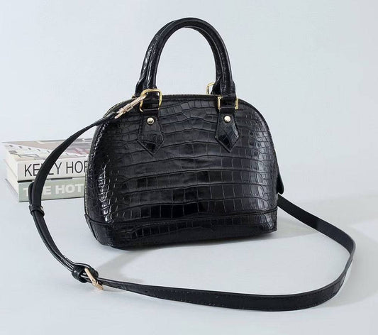 Womens Genuine Crocodile Leather Medium Shell Promennade Trapezoid Cross Body Bag Black
