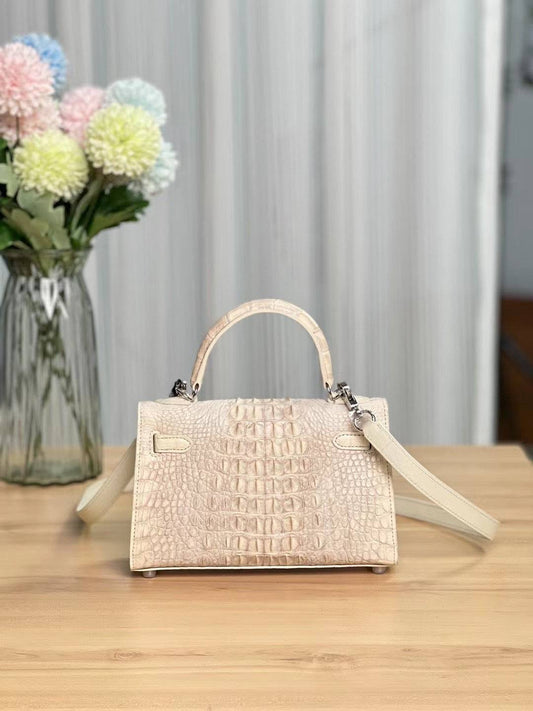 Womens Mini Crocodile Leather Top Handle Cross Body Bag Himalaya White