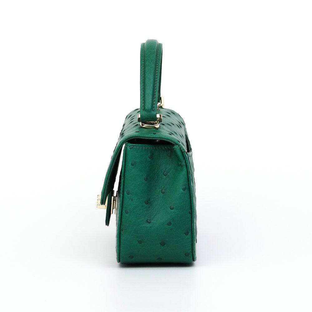 Borsa mini a tracolla Rossie Viren da donna in pelle di struzzo con patta, manico superiore e tracolla, vista dettagliata dell'esterno.