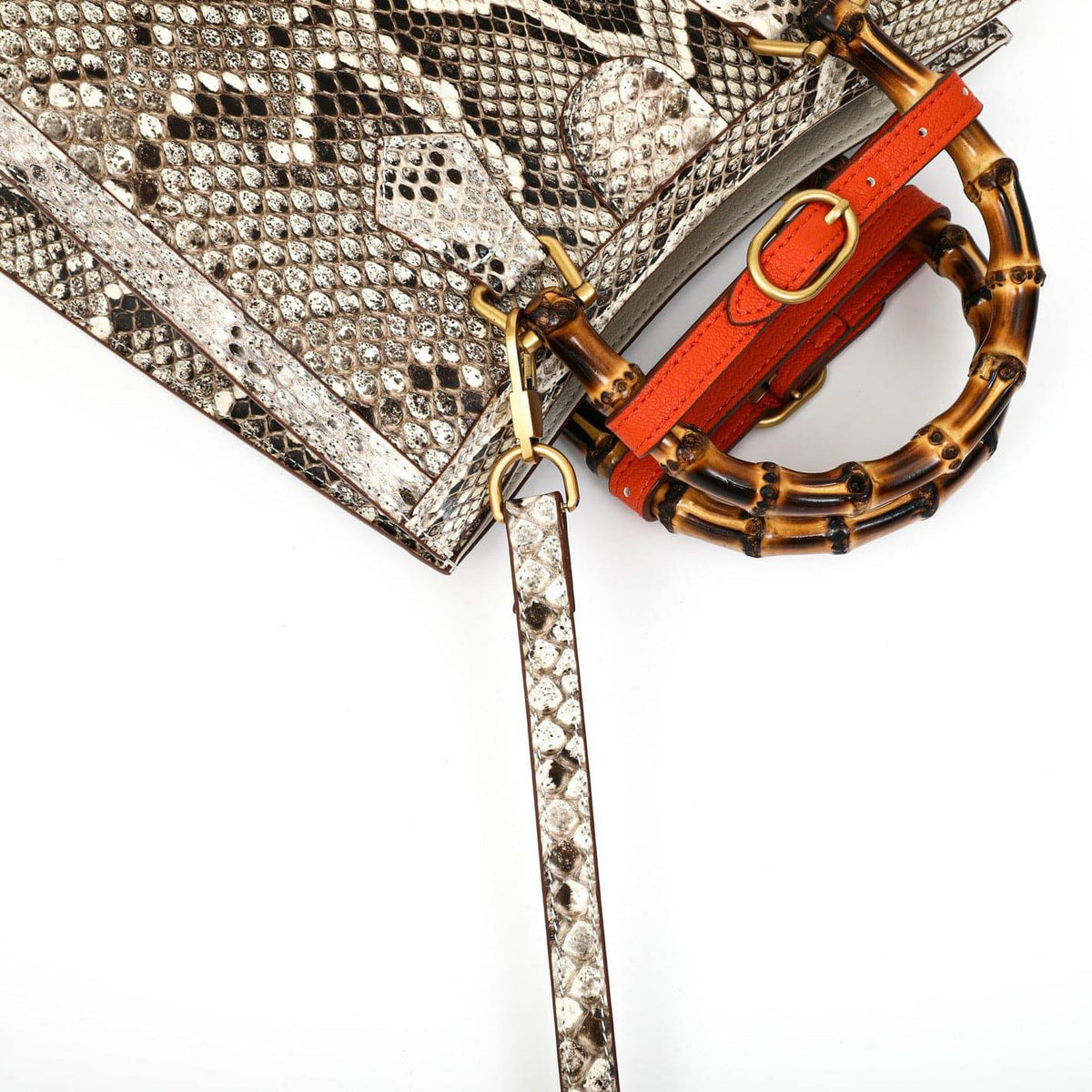 Womens Python Leather Large Bamboo Top Handle Cross Body Bag