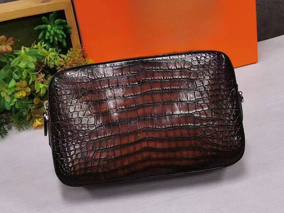 Vintage Brown Genuine Crocodile Skin Leather Clutch Cross Body Bag