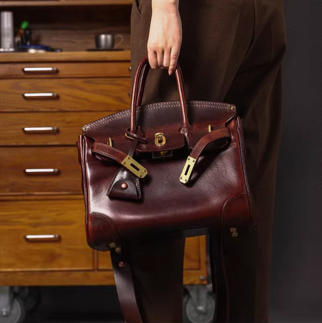 Unisex Vintage Oil Wax Leather Top Handle Bags Three Size