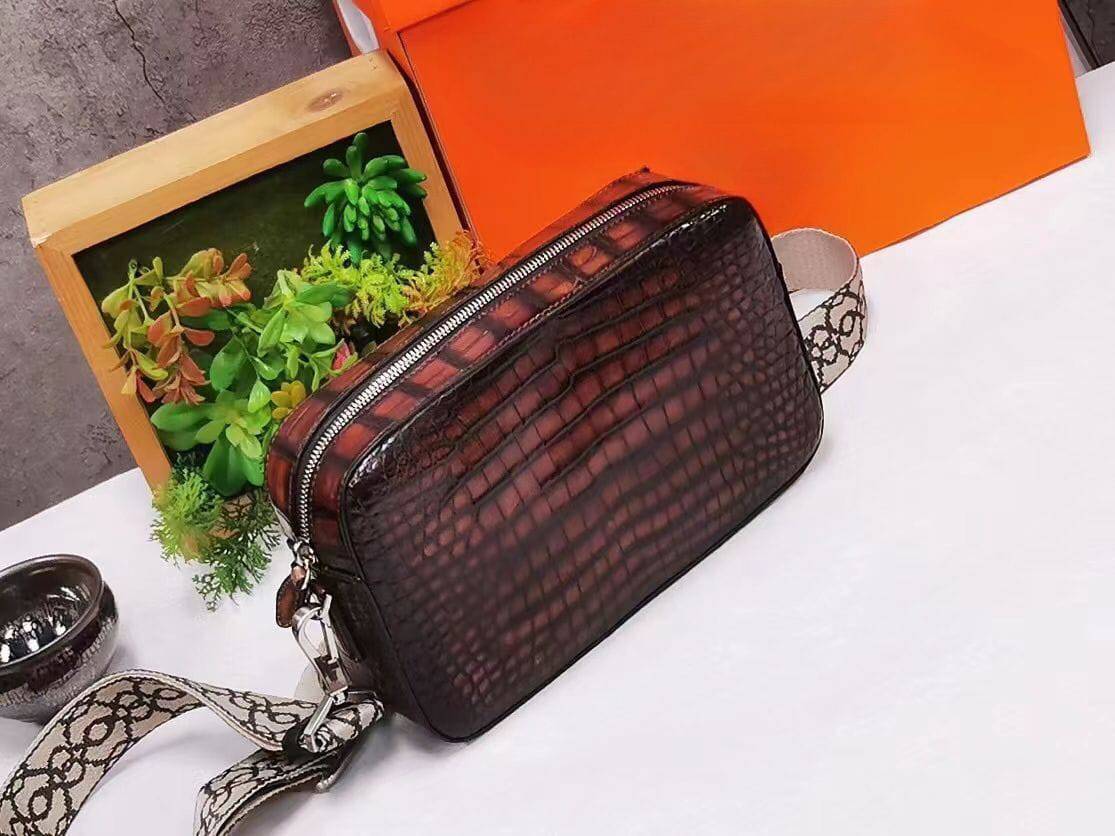 Vintage Brown Genuine Crocodile Skin Leather Clutch Cross Body Bag