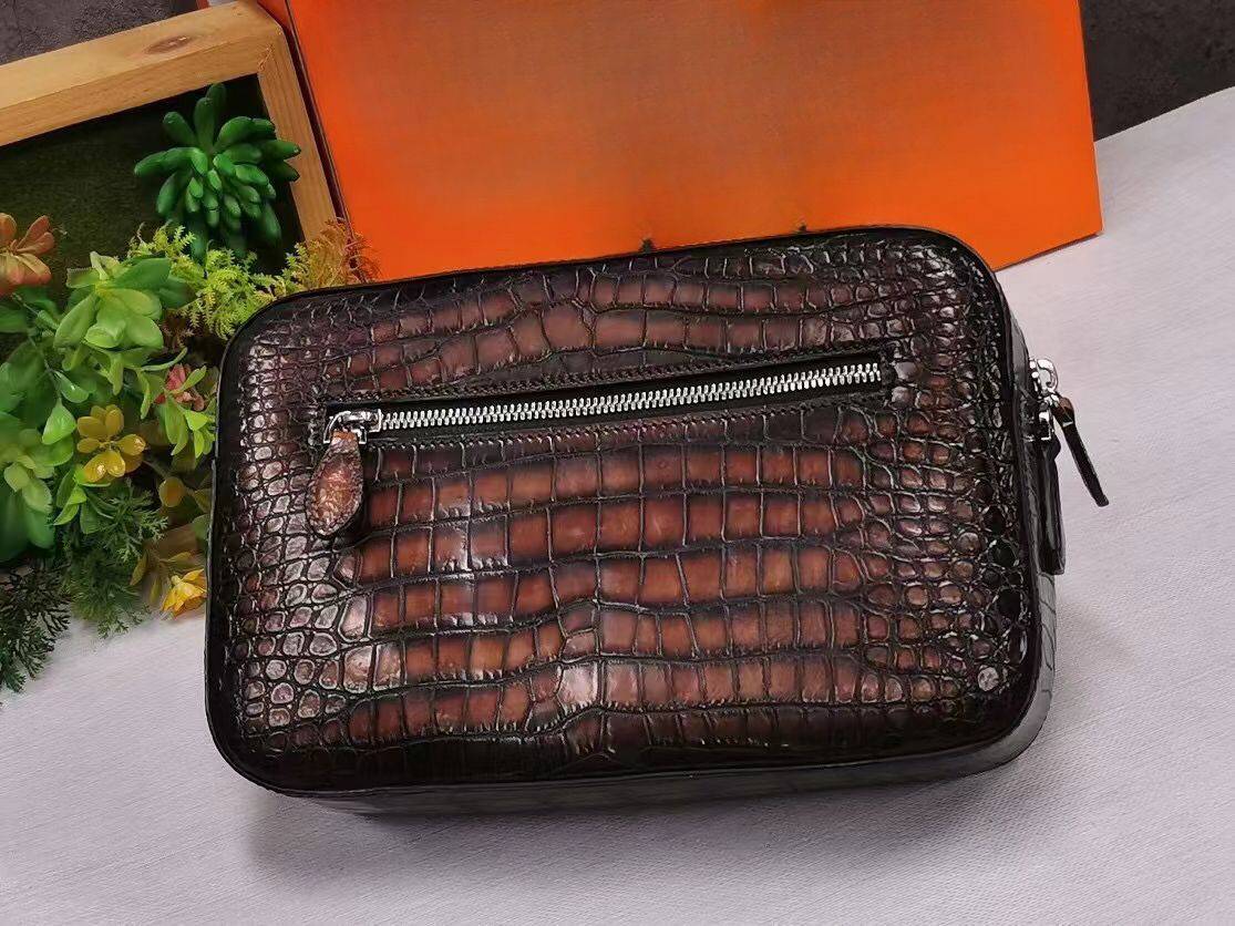 Vintage Brown Genuine Crocodile Skin Leather Clutch Cross Body Bag