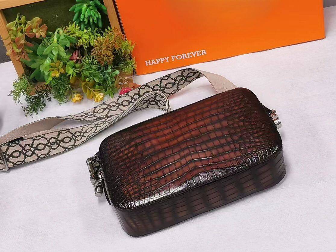 Vintage Brown Genuine Crocodile Skin Leather Clutch Cross Body Bag