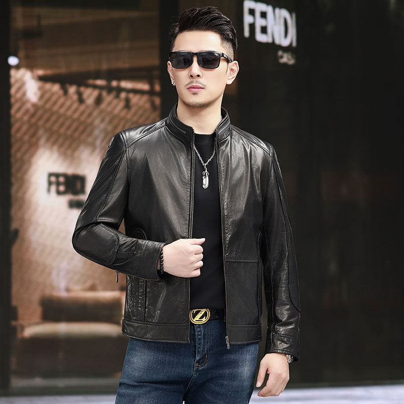 Leather Jacket , Men's Fashion Nehru Zip- Collar Leather Short Jacket