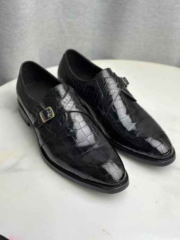 Crocodile Monk Strap Slip-On Loafer Buesiness Dress Shoes Black