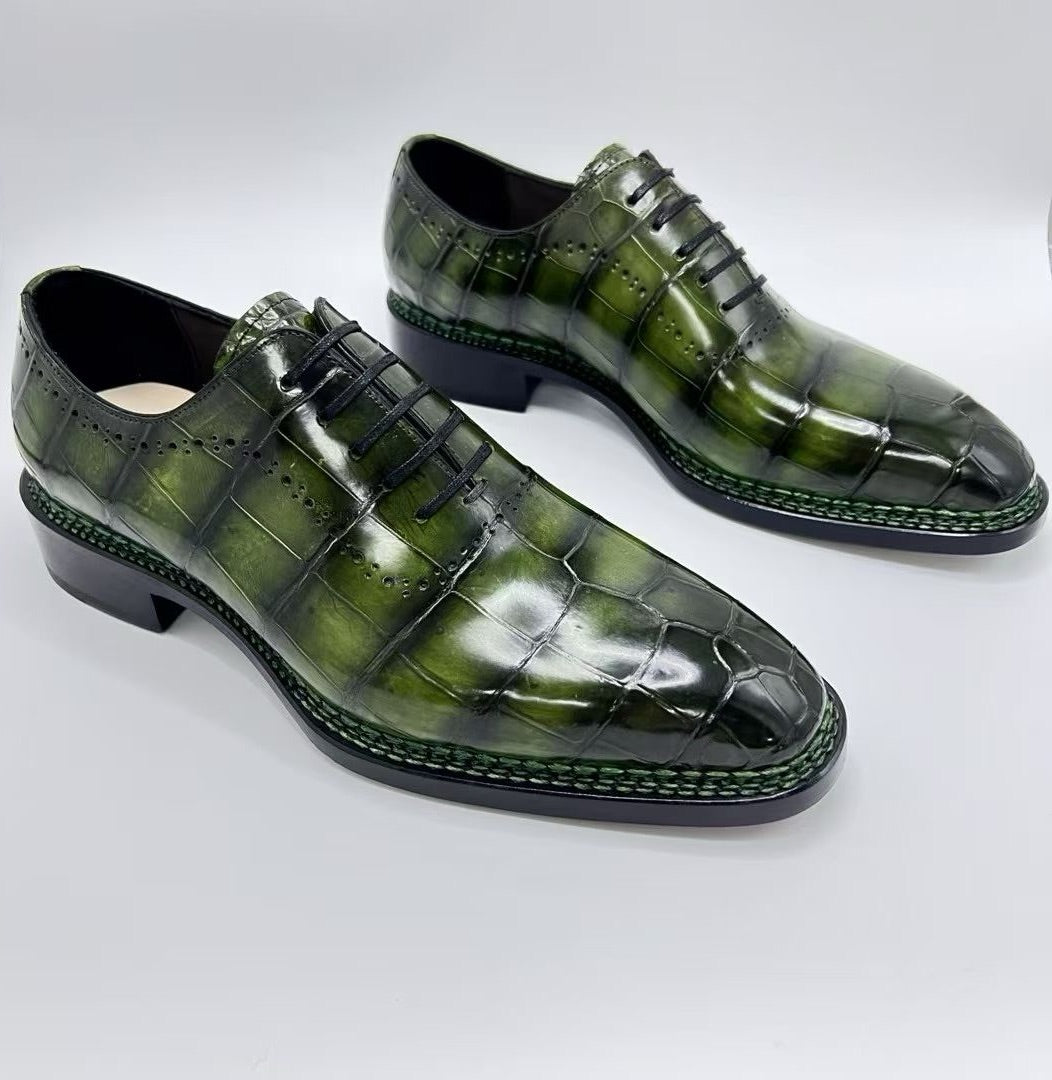Crocodile Shoes, Men's Vintage Green Crocodile Leather Norwegian Sewn Lace Up Shoes