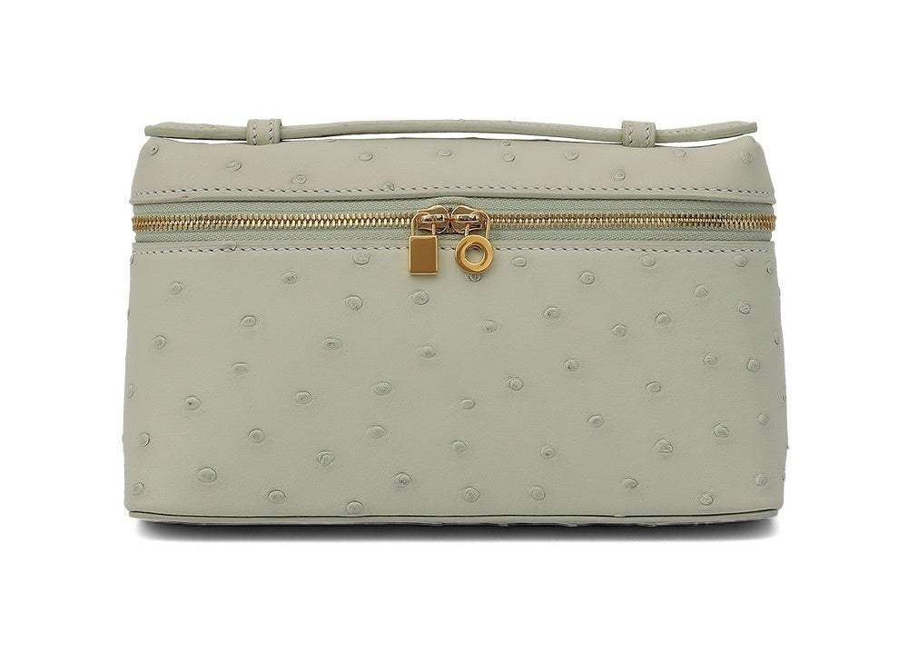 Genuine Ostrich Skin Leather Zipper Cosmetic Handle Bag Large