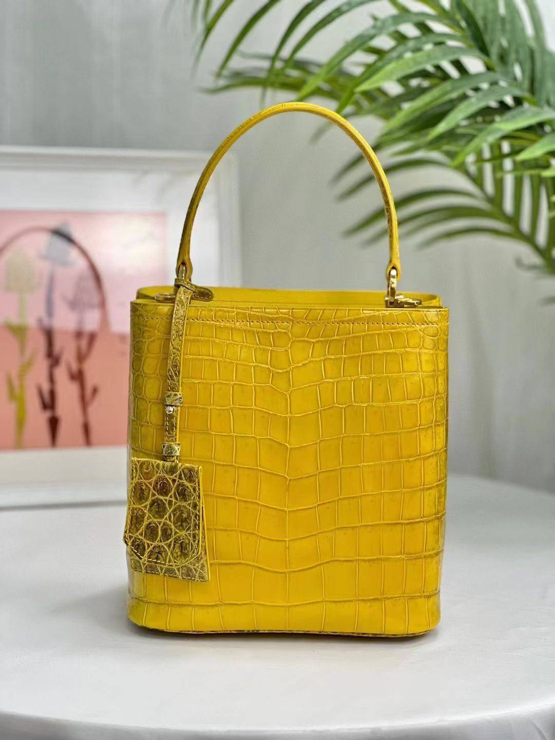 Womens Shiny Himalaya Yellow Crocodile Leather Hobo Top Handle Bag