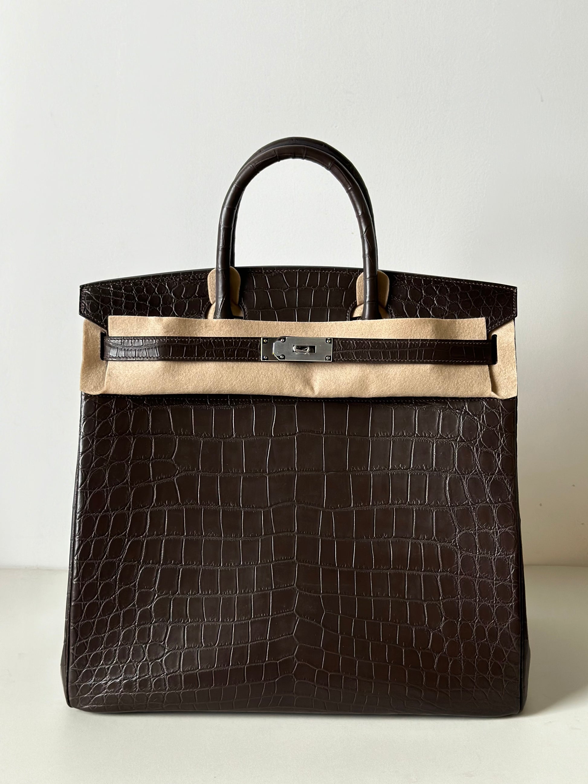 Genuine Nile Crocodile Skin Leather 40cm Oversized Padlock Business Handbags Office Bags Brown