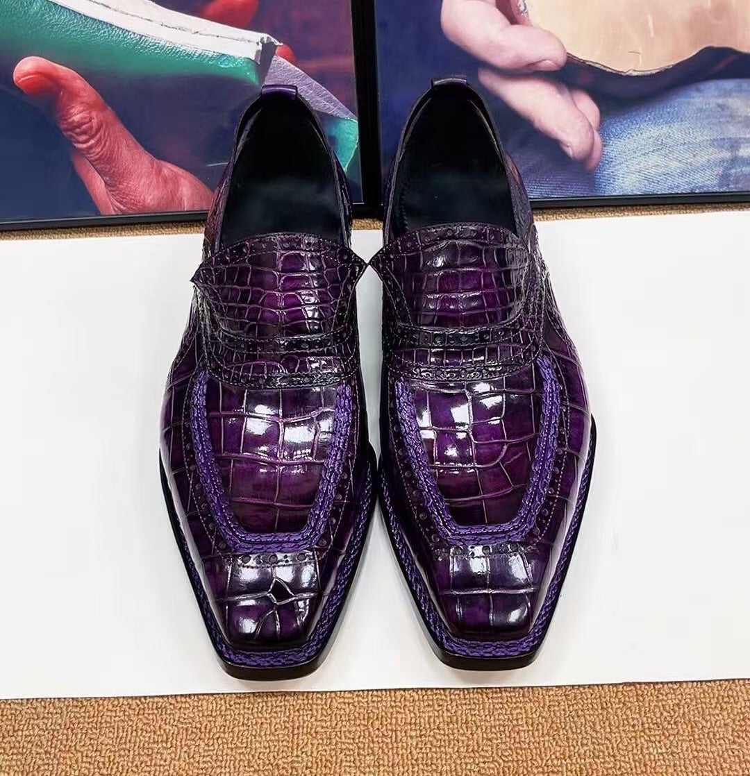 Crocodile Shoes, Vintage Brown Crocodile Leather Norwegian Sewn Dress Loafer Shoes