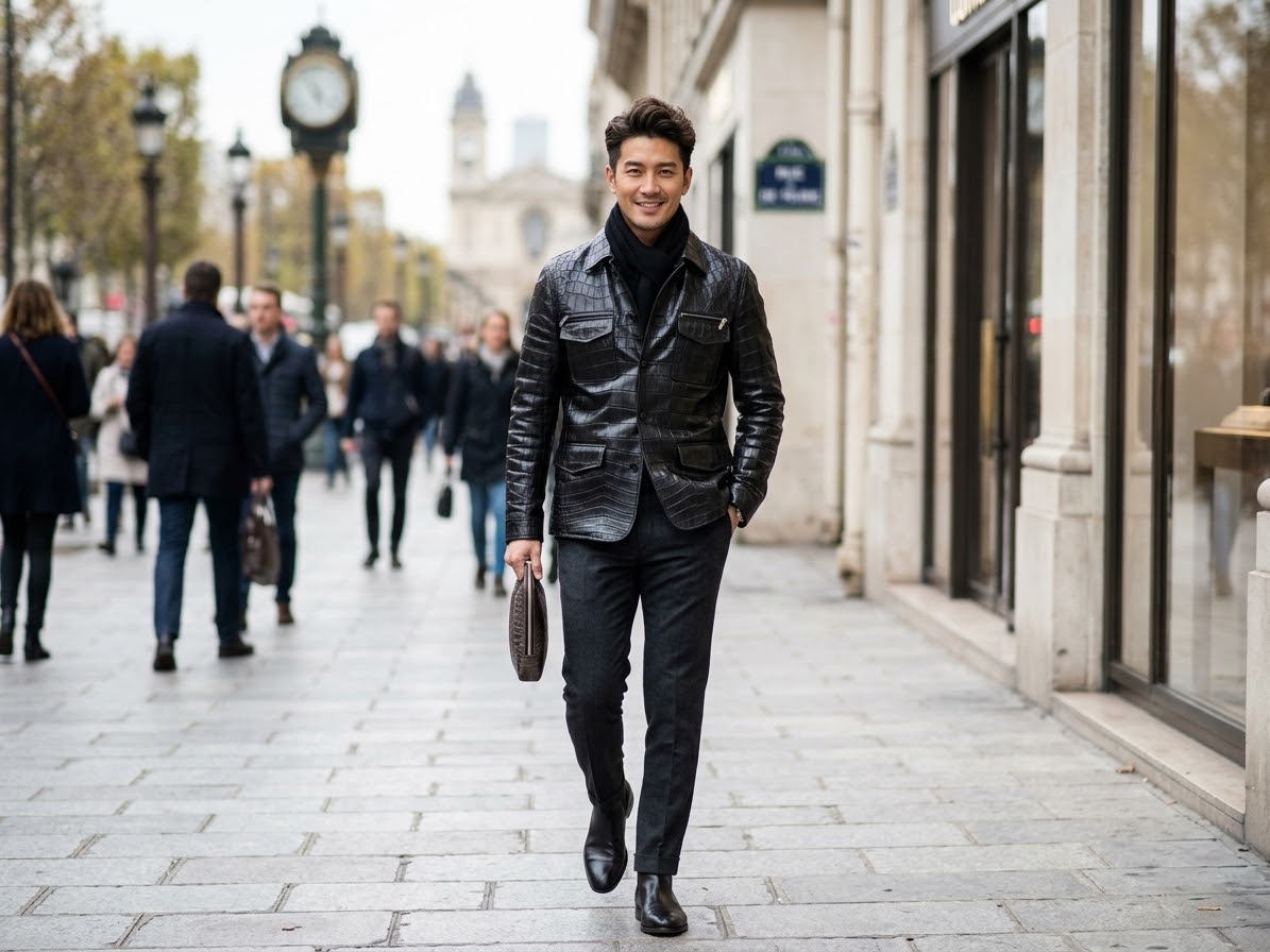 Crocodile Skin Leather Jacket Black
