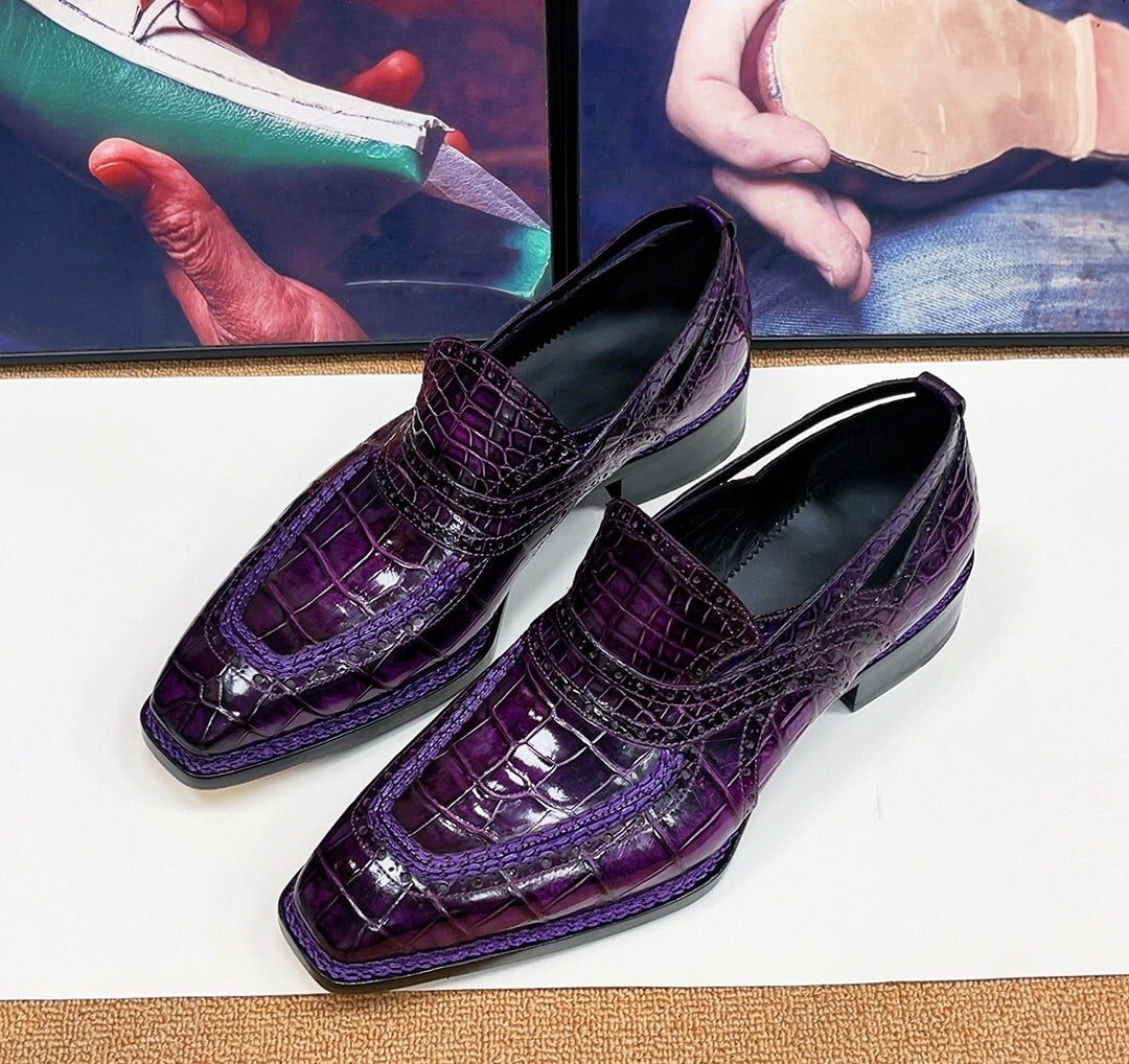 Crocodile Shoes,  Vintage Brown Crocodile Leather Norwegian Sewn Dress Loafer Shoes