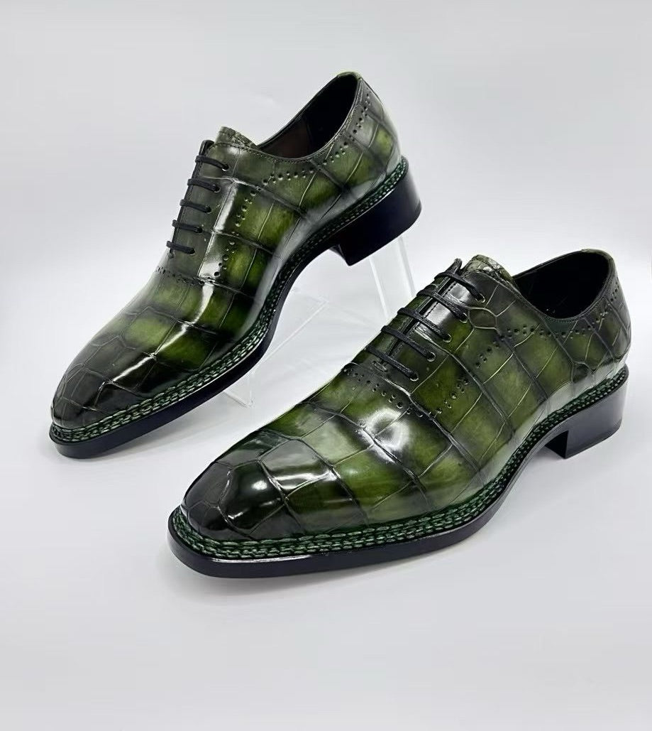 Crocodile Shoes, Men's Vintage Green Crocodile Leather Norwegian Sewn Lace Up Shoes