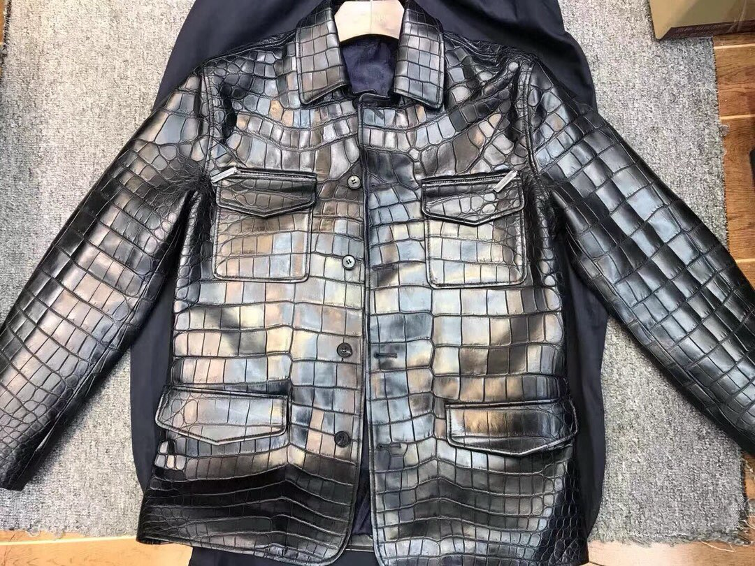 Crocodile Skin Leather Jacket Black