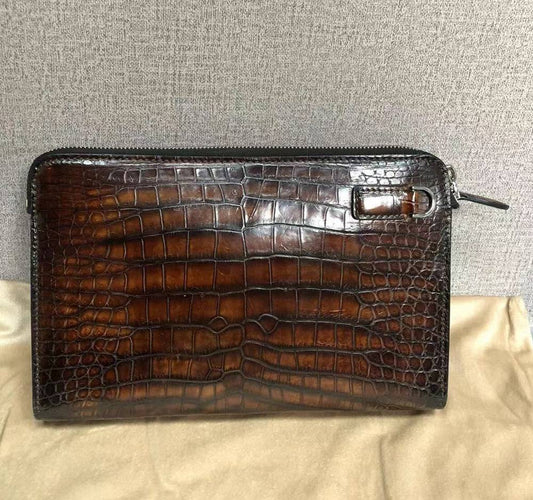 Vintage Brown Genuine Crocodile Skin Leather Wrist Handle Clutch Wallet  Bag