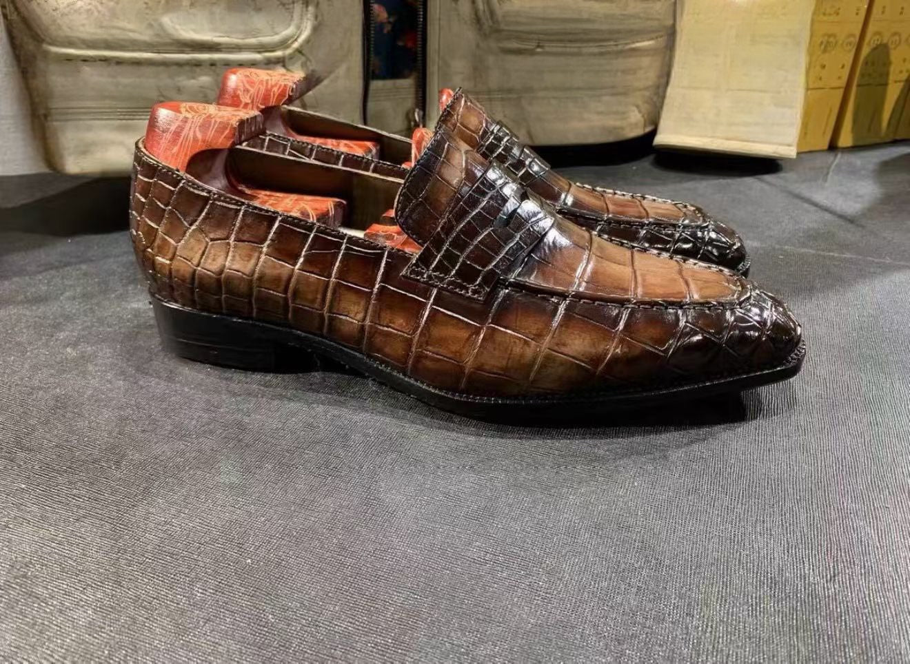 Crocodile Shoes, Men's Vintage Brown Crocodile Leather Shoes