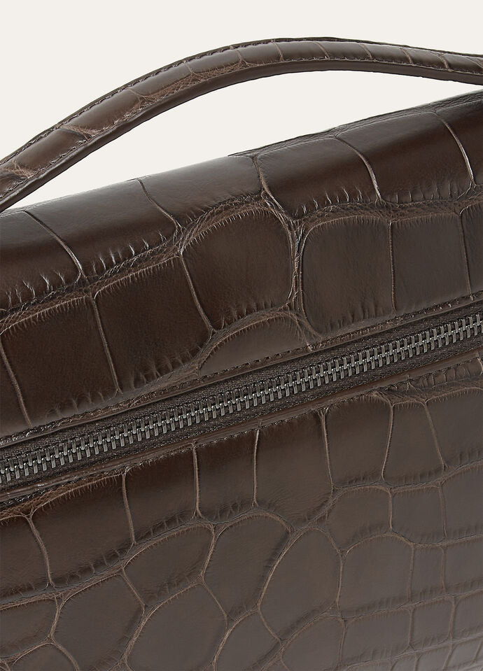 Preorder Crocodile Leather Zipper Pouch Handle Bag Brown