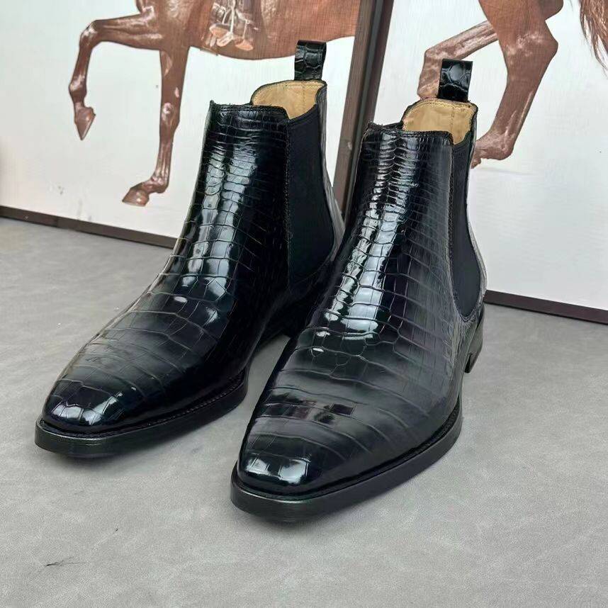 Preorder Crocodile Skin Leather Chelsea Boots Black