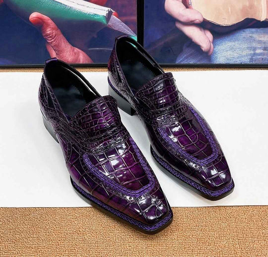 Crocodile Shoes, Vintage Brown Crocodile Leather Norwegian Sewn Dress Loafer Shoes