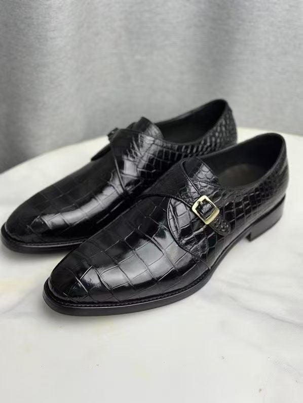 Crocodile Monk Strap Slip-On Loafer Buesiness Dress Shoes Black