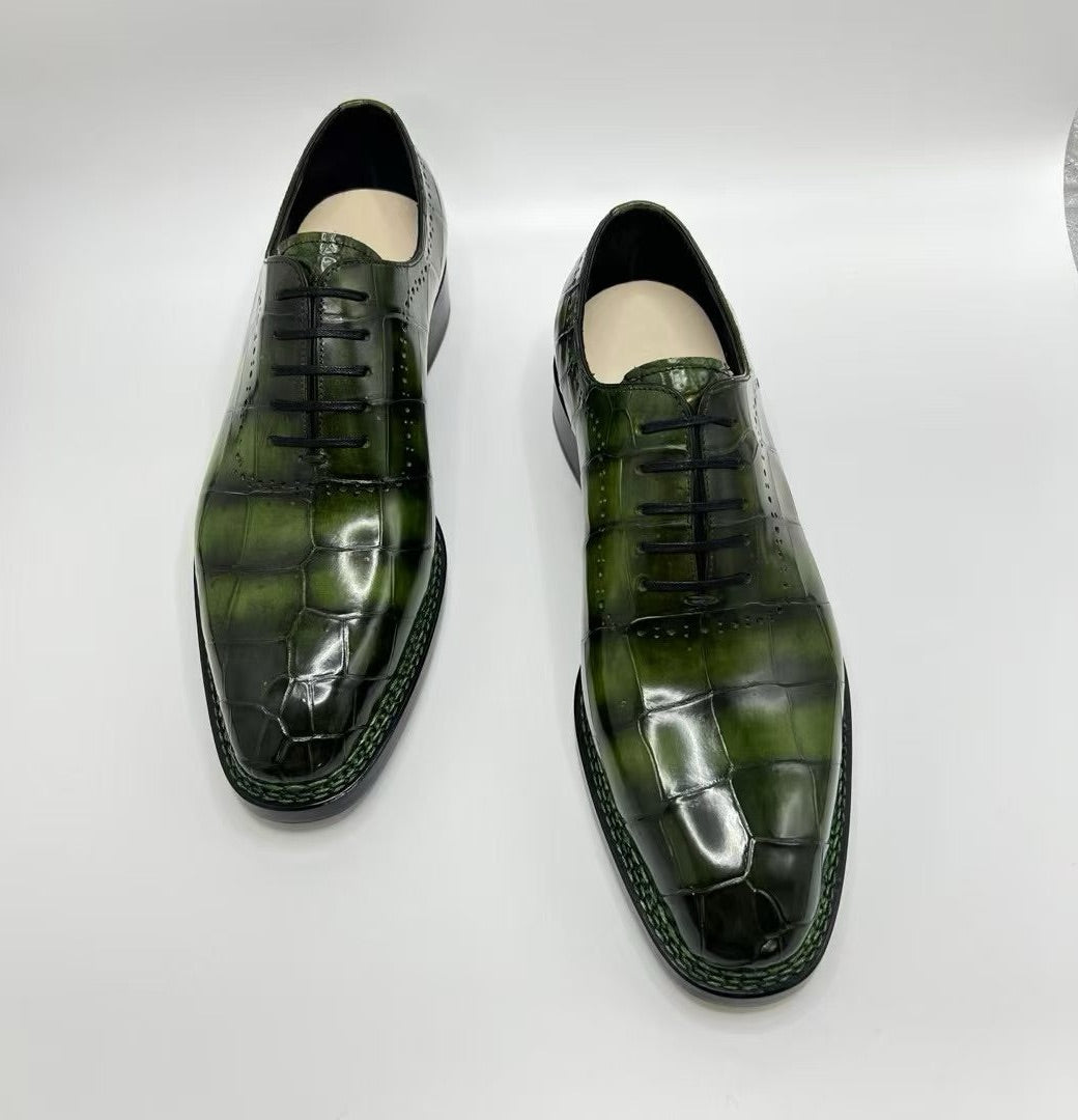 Crocodile Shoes, Men's Vintage Green Crocodile Leather Norwegian Sewn Lace Up Shoes
