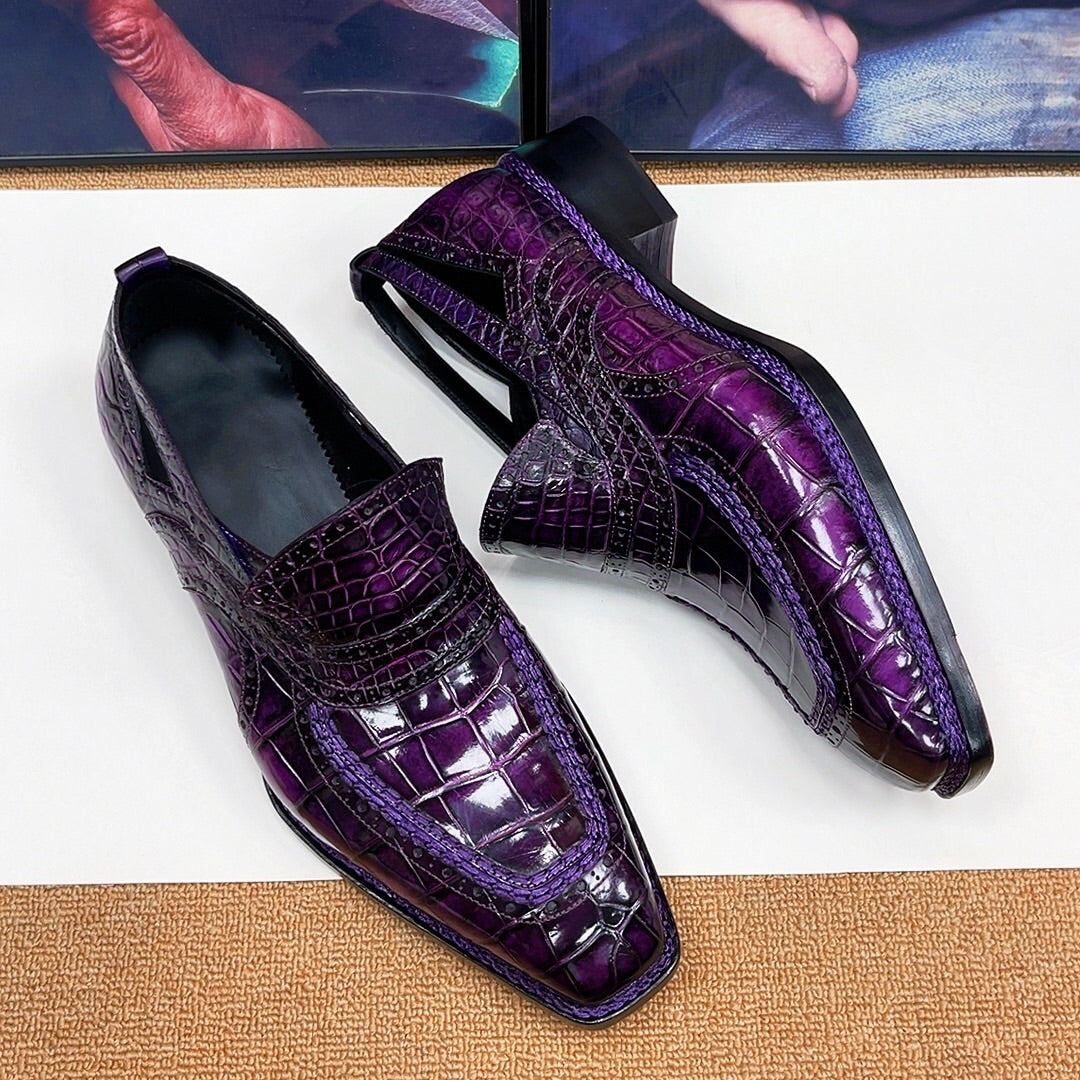 Crocodile Shoes, Vintage Brown Crocodile Leather Norwegian Sewn Dress Loafer Shoes