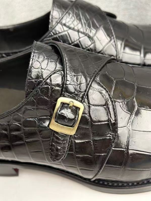 Crocodile Monk Strap Slip-On Loafer Buesiness Dress Shoes Black