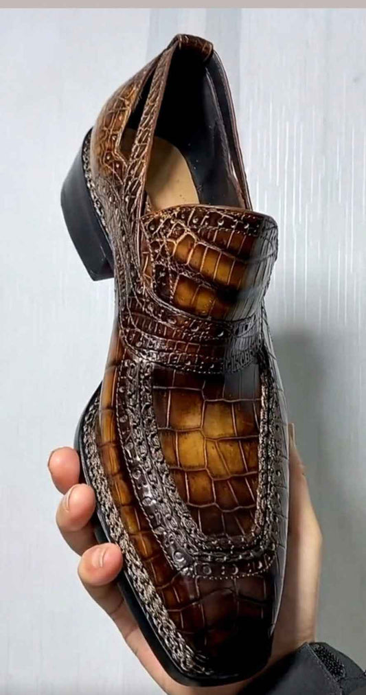 Crocodile Shoes, Vintage Brown Crocodile Leather Norwegian Sewn Dress Loafer Shoes