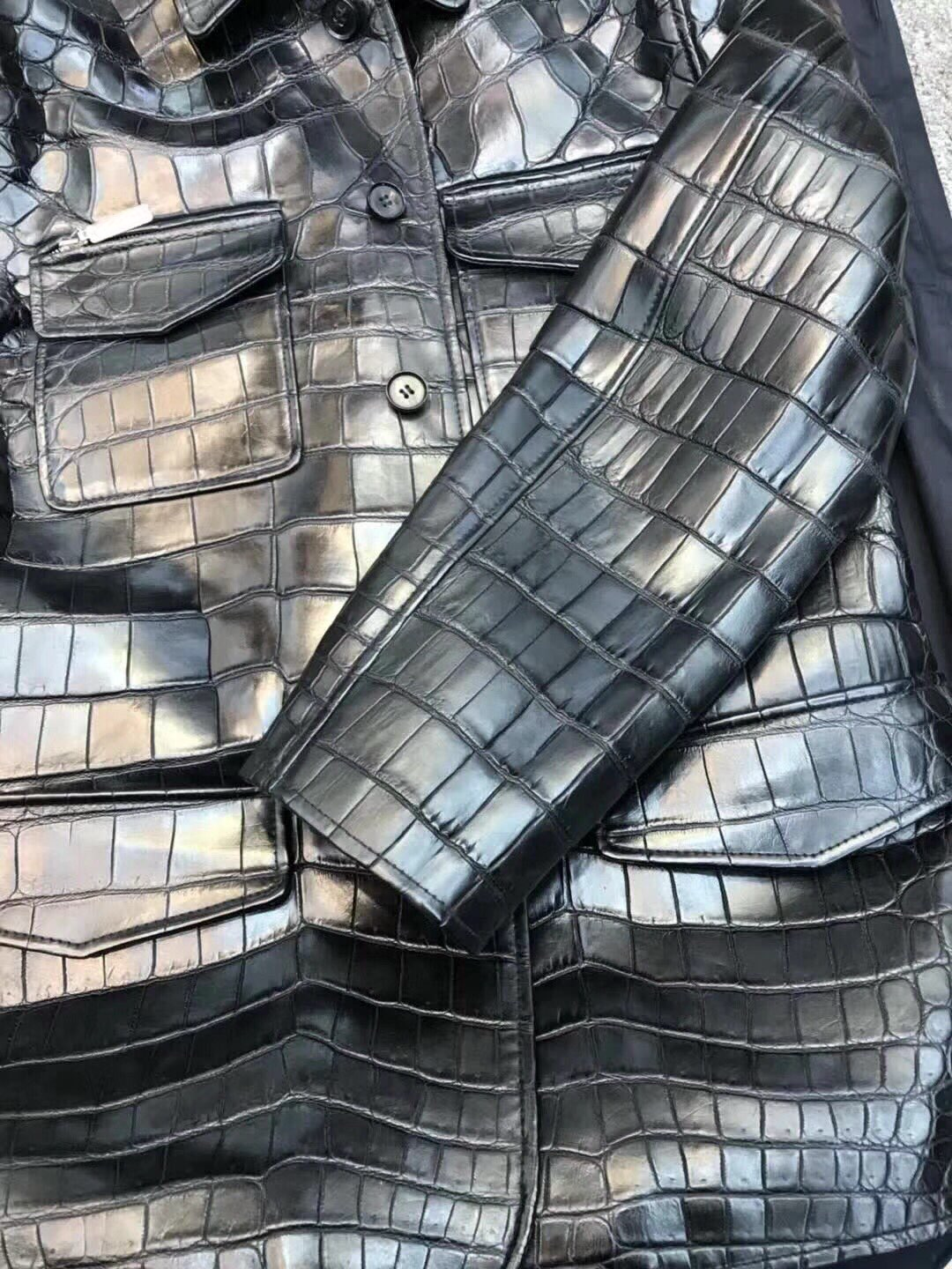 Crocodile Skin Leather Jacket Black