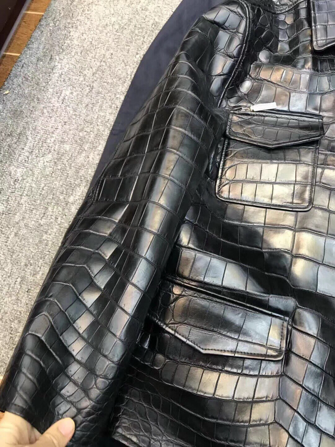 Crocodile Skin Leather Jacket Black