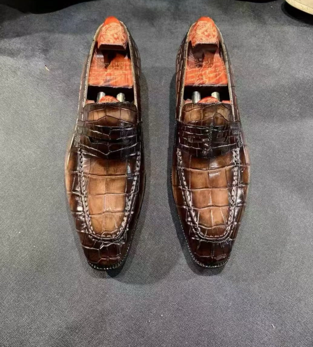 Crocodile Shoes, Men's Vintage Brown Crocodile Leather Shoes