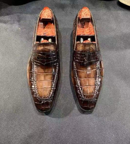 Crocodile Shoes, Men's Vintage Brown Crocodile Leather Shoes
