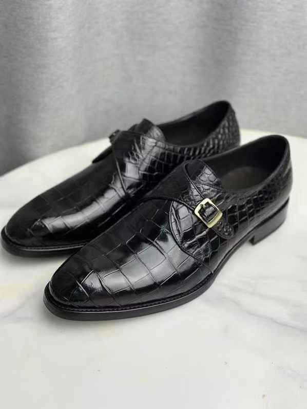 Crocodile Monk Strap Slip-On Loafer Buesiness Dress Shoes Black