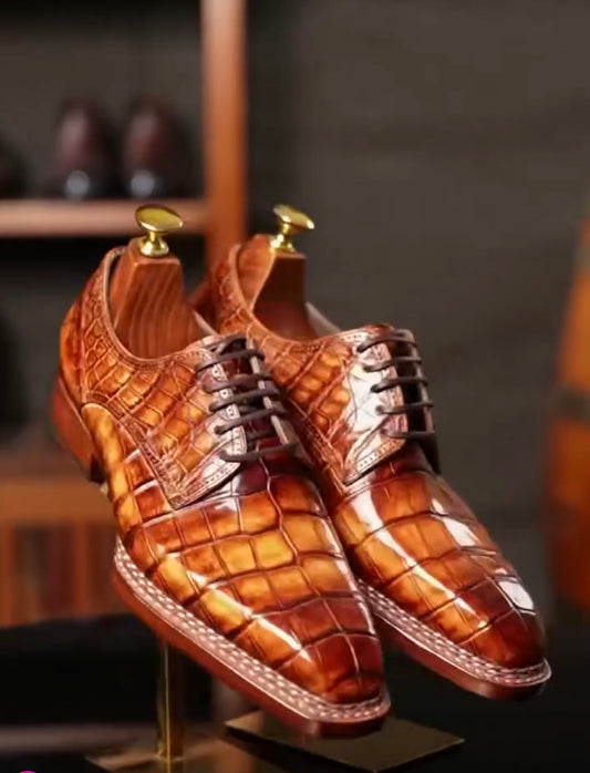 Men's Vintage Brown Crocodile Leather Norwegian Sewn Lace Up Shoes