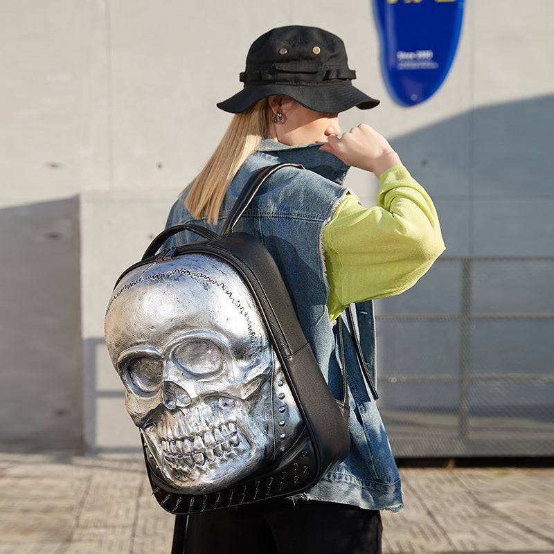 Cool Unisexs 3D Skull Backpack , Smiling Skull Backpack , Studded Large Volumn Laptop Backpack