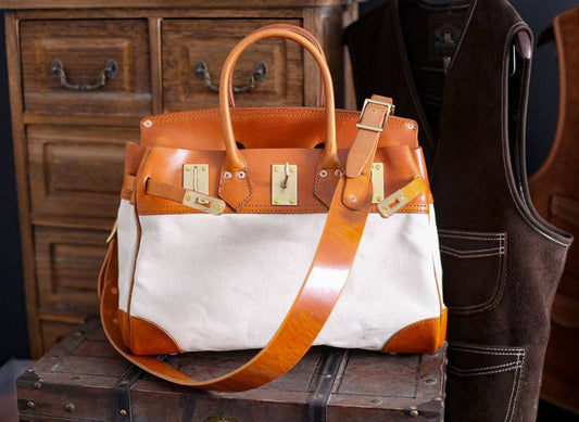 Womens Genuine Vintage Oil Wax Leather Top Handle Canvas Bag Large