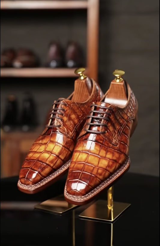 Men's Vintage Brown Crocodile Leather Norwegian Sewn Lace Up Shoes