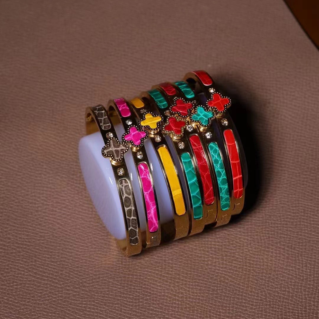 Genuine Crocodile Leather Floral Bangle