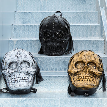 Cool Unisexs 3D Skull Backpack , Smiling Skull Backpack , Studded Black