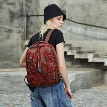 brown leather dragon backpack 3D Chinese Double Flying Dragon Backpack