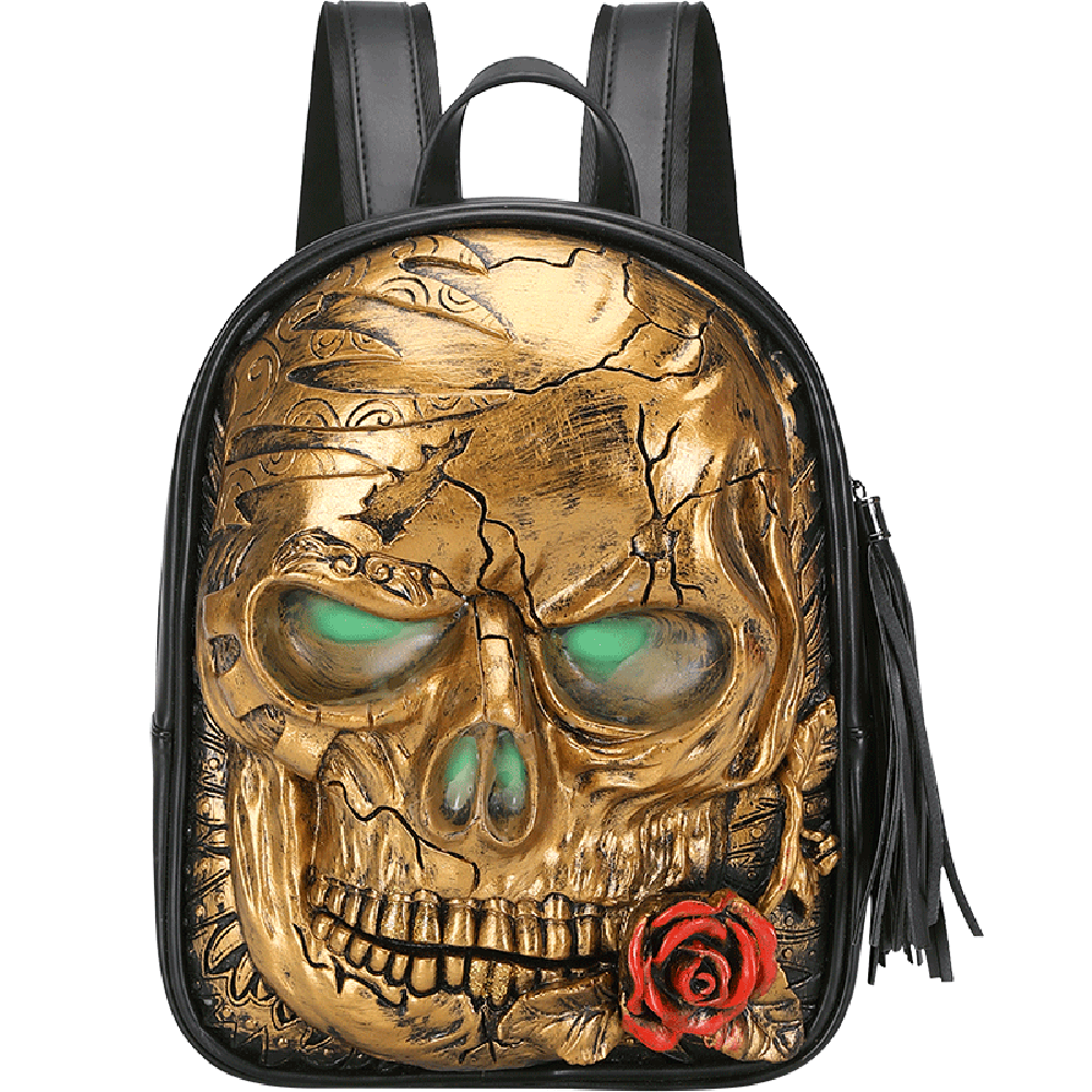 brown leather skull-backpack 3D Skull With Rose Backpack | Trendy Green Eyes Design