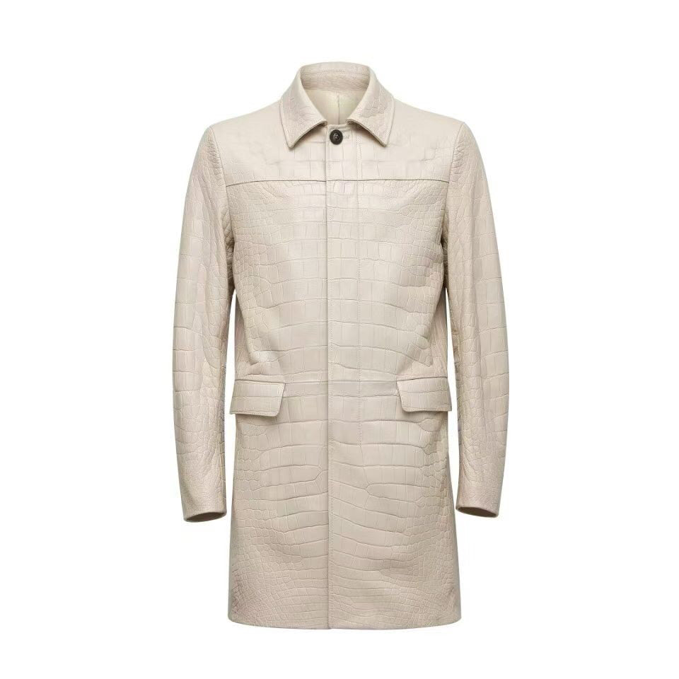 Men's White Crocodile Leather Long Coat