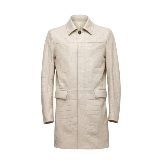 Men's White Crocodile Leather Long Coat