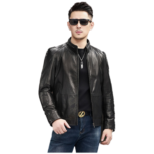 Leather Jacket , Men's Fashion Nehru Zip- Collar Leather Short Jacket